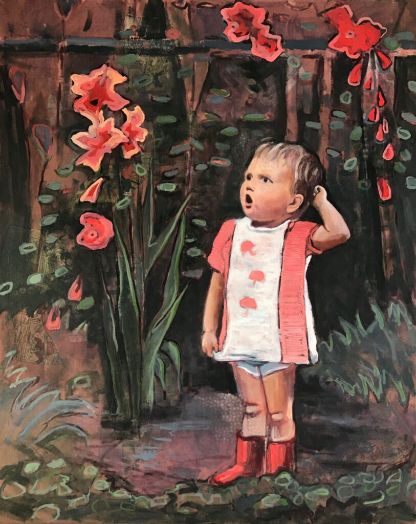 Lorraine Hawkins oil painting - self portrait as a child standing among the flower beds looking perplexed