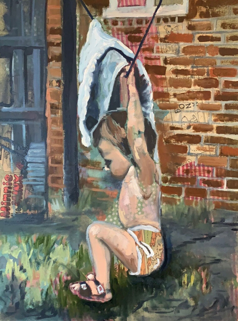 Lorraine Hawkins oil painting, self portrait as a child swinging on the clothes line in our back garden in Peckham